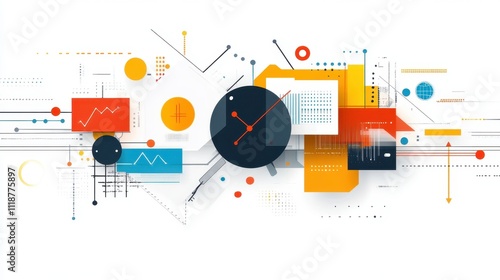 Abstract design featuring clocks, graphs, and geometric shapes, symbolizing data and time.