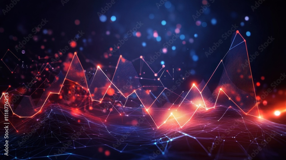 Abstract digital visualization of data trends with glowing lines and particles. Abstract digital visualization of data trends with glowing lines and particles.