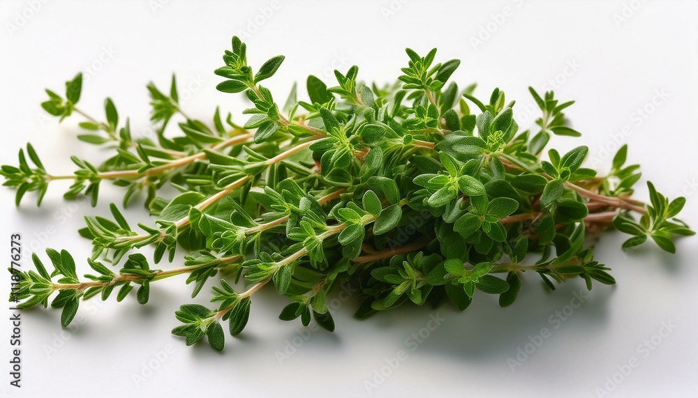 Fresh thyme sprigs on a white background. A vibrant green herb. Fresh thyme sprigs on a white background. A vibrant green herb.