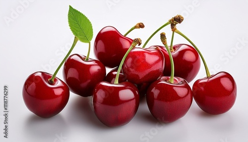 A cluster of ripe, red cherries, glistening under soft light.