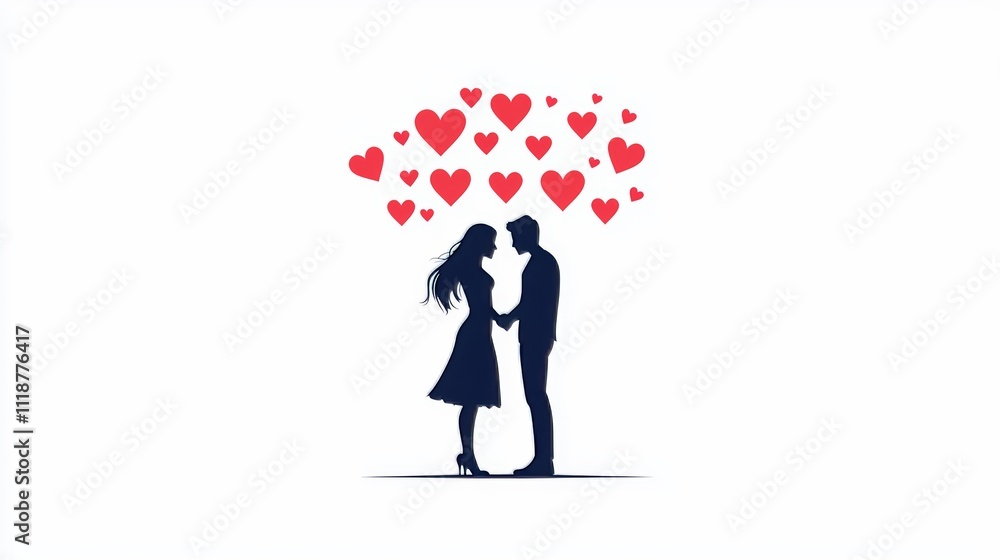Couple's silhouette with heart icons, modern vector style, minimalist white background Couple's silhouette with heart icons, modern vector style, minimalist white background