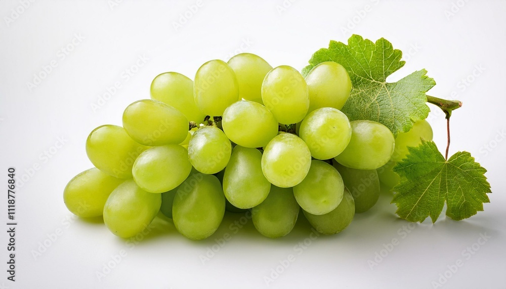 A bunch of fresh, green grapes with leaves. A bunch of fresh, green grapes with leaves.