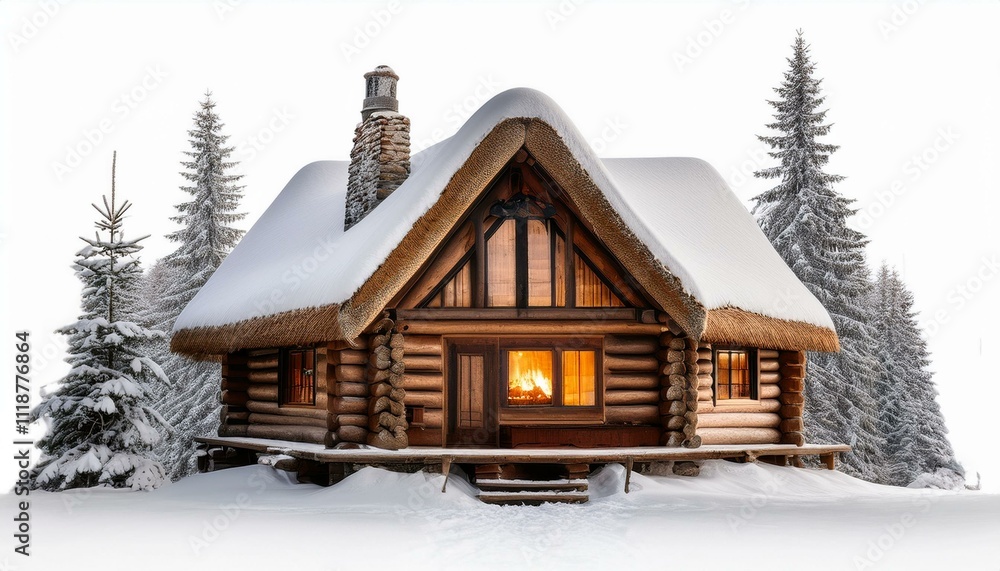 Cozy winter cabin nestled in a snowy forest. Warm light glows from within. Cozy winter cabin nestled in a snowy forest. Warm light glows from within.
