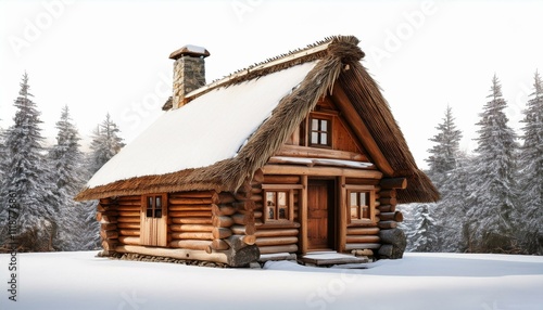 Rustic wooden cabin nestled in a snowy winter wonderland.