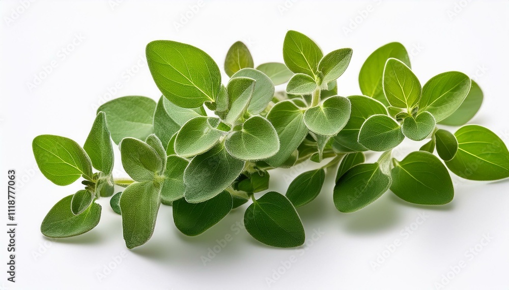 Fresh oregano sprig on white background. Vibrant green leaves. Fresh oregano sprig on white background. Vibrant green leaves.