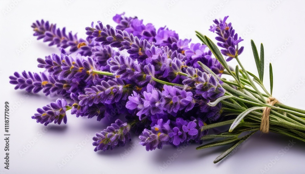 A bundle of fragrant lavender flowers, tied with twine, rests on a white background. Purple hues dominate the image. A bundle of fragrant lavender flowers, tied with twine, rests on a white background. Purple hues dominate the image.
