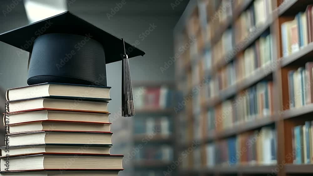 A stack of textbooks with a classic black graduation cap resting on top, the library background softly blurred, creating a sense of scholarly focus