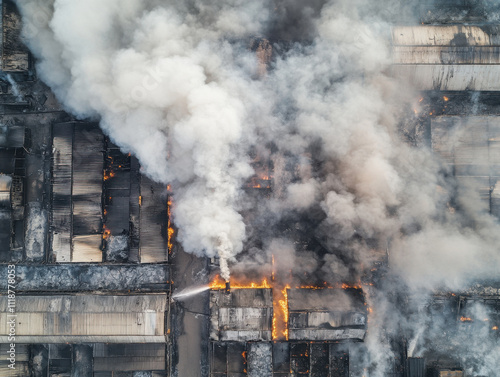 Devastation engulfs the abandoned warehouse as flames consume everything in sight photo