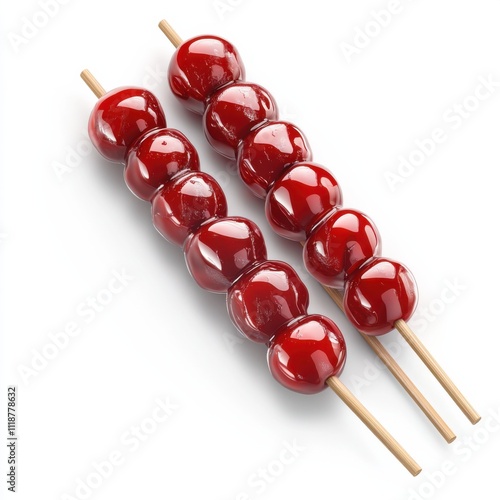 Candied hawthorn skewers, bright red and glistening, are enjoyed at the Lantern Festival, embodying joy and prosperity. Traditional sweets offer a sweet treat for festival-goers