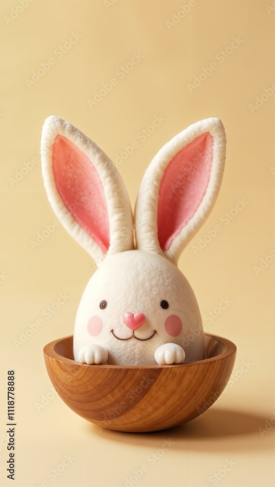 Obraz premium A cute bunny-shaped plush toy with soft white fur, pink inner ears, and a cheerful smile sits in a wooden bowl on a pastel yellow background. Its rosy cheeks add a playful and charming touch.