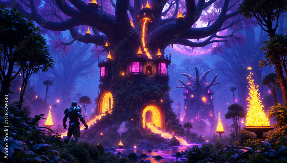 a fantastical, enchanted forest scene with a large, ancient tree that serves as a mystical castle or tower. The scene is illuminated with various glowing lights, creating a serene an a fantastical, enchanted forest scene with a large, ancient tree that serves as a mystical castle or tower. The scene is illuminated with various glowing lights, creating a serene an