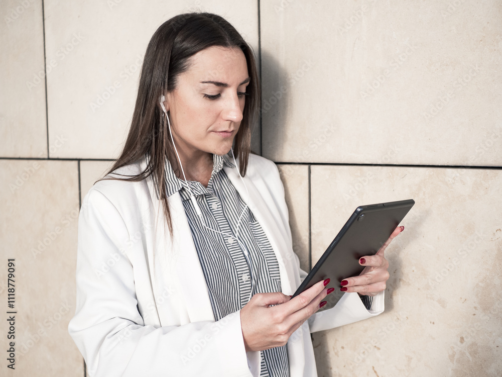 Professional woman using a tablet with earbuds, standing by a wall Professional woman using a tablet with earbuds, standing by a wall