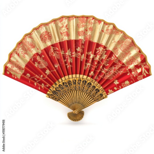 An intricate fan in vibrant red and gold, adorned with floral and dragon designs, complements a joyful atmosphere during the Chinese New Year Lantern Festival, celebrating culture and tradition