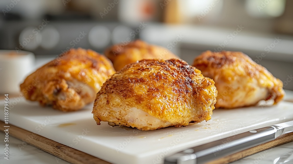 Juicy, golden-brown chicken thighs resting on a cutting board, ready for serving. Juicy, golden-brown chicken thighs resting on a cutting board, ready for serving.