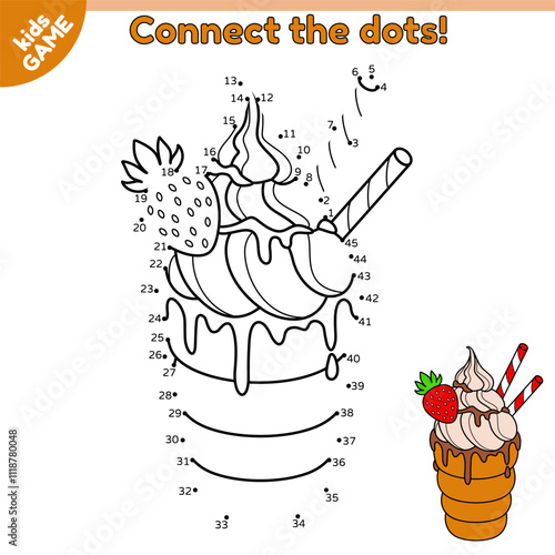 Dot to dot Christmas kids game. Connect the dots by numbers. Trdelnik or trdlo is traditional Czech street food. Xmas cinnamon roll with cream, chocolate glaze. Educational puzzle for children. Vector