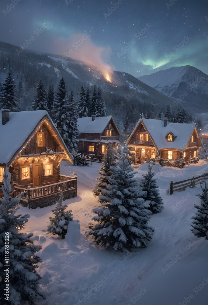 Snowy winter in a cosy mountain village on Christmas night. Snowy winter in a cosy mountain village on Christmas night.