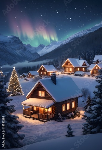 Snowy winter in a cosy mountain village on Christmas night.