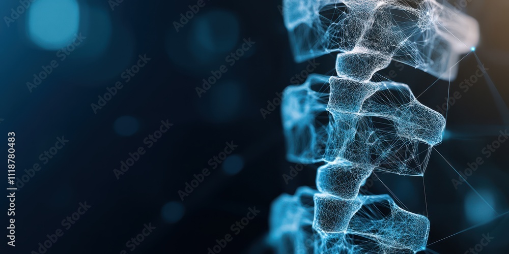 Obraz premium A wireframe model of a spinal column glows under a blue light, merging anatomical complexity with futuristic digital design.