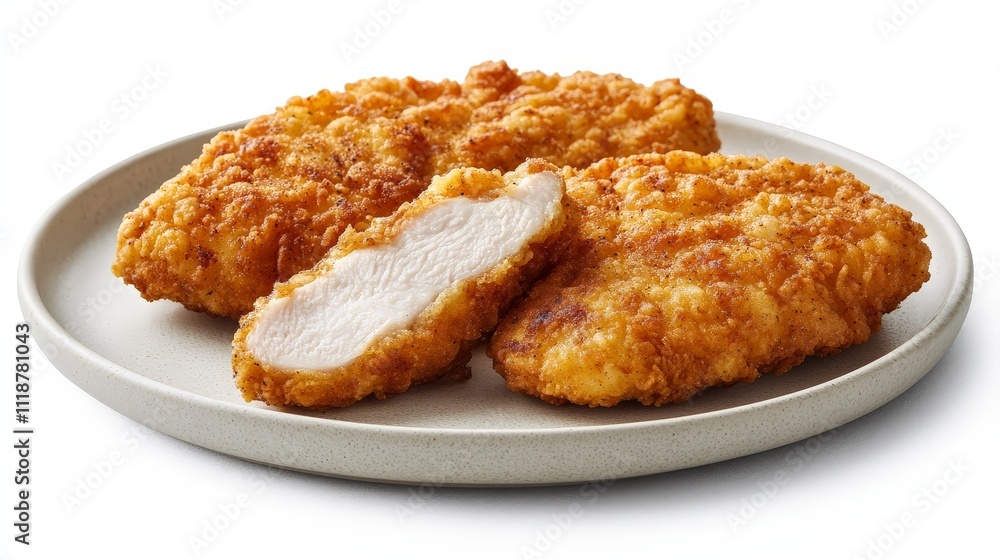 Three pieces of golden-brown fried chicken on a plate, one sliced to show the tender meat inside. Three pieces of golden-brown fried chicken on a plate, one sliced to show the tender meat inside.