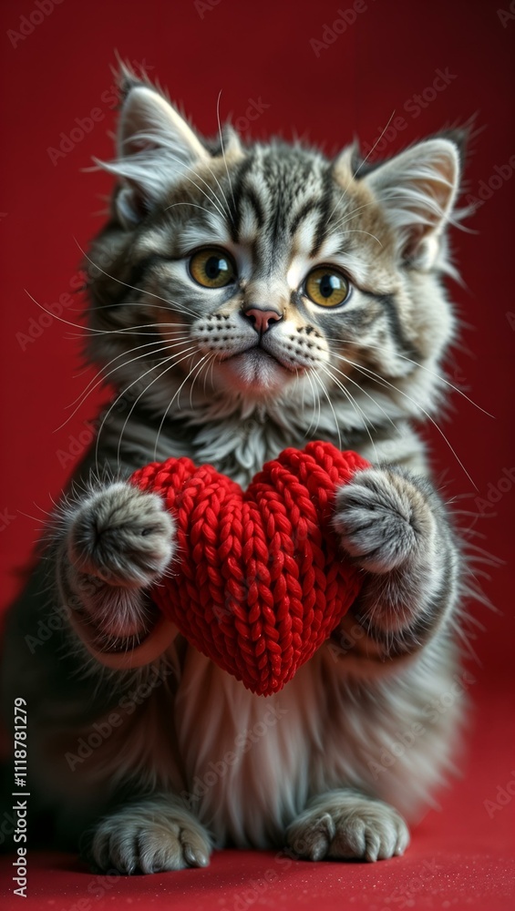 A fluffy gray tabby kitten holding a red knitted heart, set against a vibrant red background. The kitten’s soulful eyes and gentle expression create a warm and affectionate Valentine's Day theme. A fluffy gray tabby kitten holding a red knitted heart, set against a vibrant red background. The kitten’s soulful eyes and gentle expression create a warm and affectionate Valentine's Day theme.