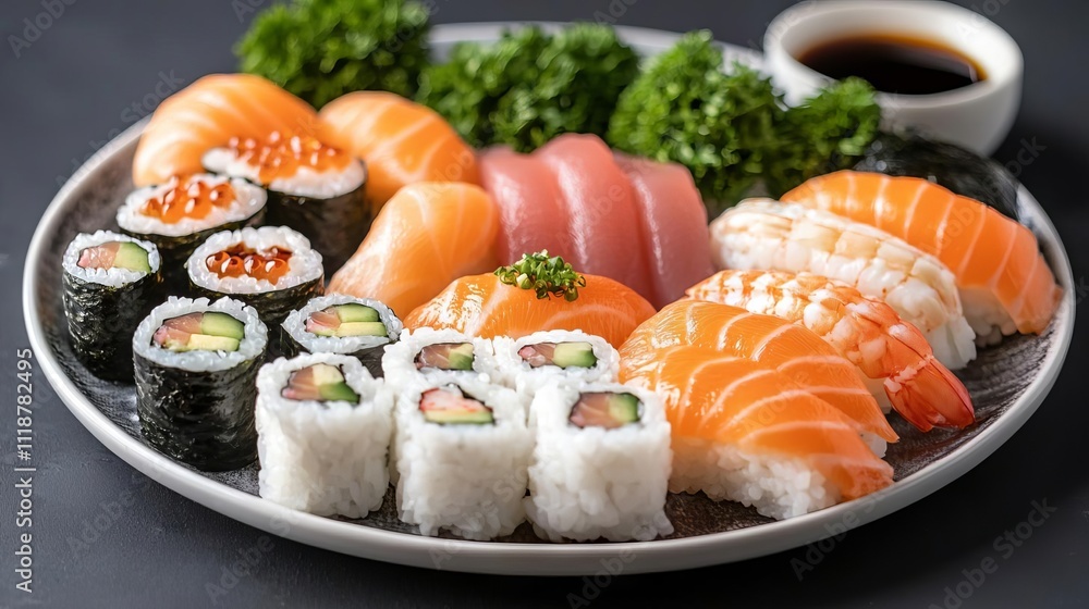 Advertisement sushi food illustration, Delicious assortment of fresh sushi served on a plate with green garnish and soy sauce. Advertisement sushi food illustration, Delicious assortment of fresh sushi served on a plate with green garnish and soy sauce.