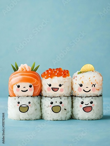 Advertisement sushi food illustration, Cute sushi rolls with faces, perfect for playful culinary displays.