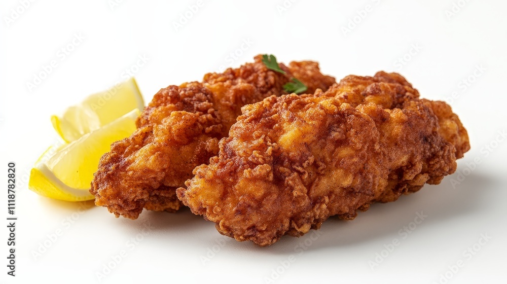 Two pieces of golden-brown fried chicken with lemon wedges on a white background. Two pieces of golden-brown fried chicken with lemon wedges on a white background.