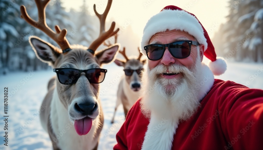 Santa Claus poses for a playful selfie with two reindeers wearing sunglasses. They stand together against a snowy winter landscape, capturing the festive spirit of Christmas and holiday cheer.
Santa Claus poses for a playful selfie with two reindeers wearing sunglasses. They stand together against a snowy winter landscape, capturing the festive spirit of Christmas and holiday cheer.