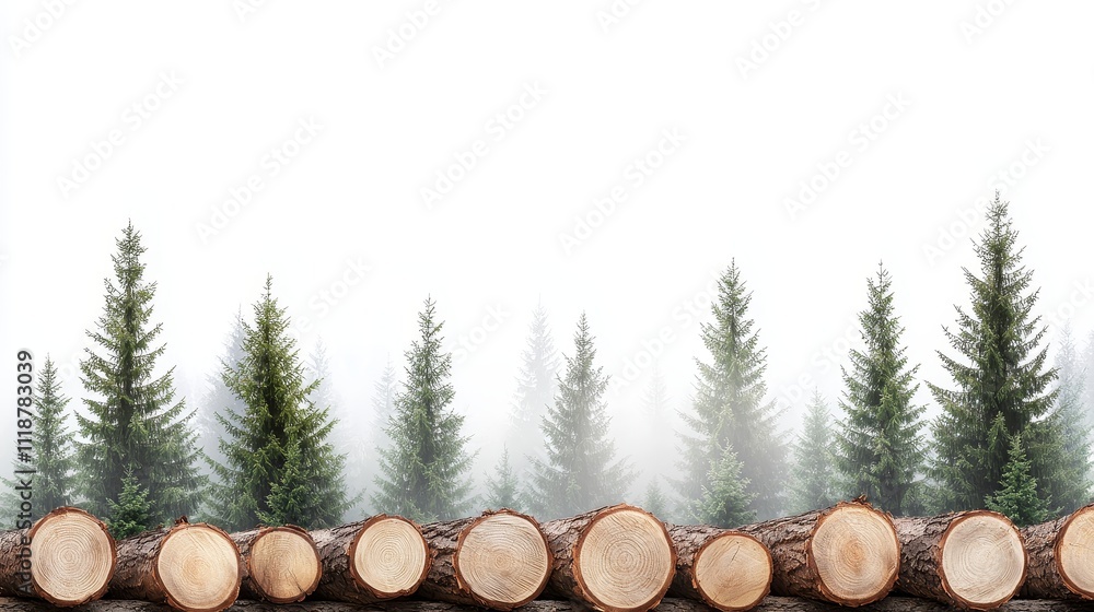 digital art of logging area, spruce and pine forest, stacked wooden trunks, panoramic layout, isolated on white background digital art of logging area, spruce and pine forest, stacked wooden trunks, panoramic layout, isolated on white background