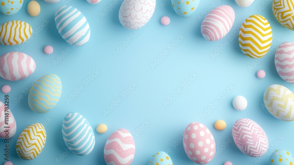 Digital Easter frame with vibrant eggs on soft blue, close-up of intricate patterns, delicate shadowing, joyful digital art concept Digital Easter frame with vibrant eggs on soft blue, close-up of intricate patterns, delicate shadowing, joyful digital art concept