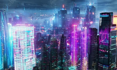 Wallpaper Mural A captivating futuristic cityscape at night, where towering skyscrapers are bathed in neon lights, casting vibrant hues of electric blue, purple, and pink across the scene Torontodigital.ca