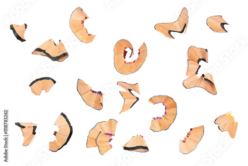 Cuadro en lienzo Set wooden spiral pencil shavings from sharpener isolated on white