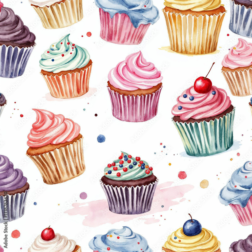 Watercolor, seamless cupcake pattern on white background
