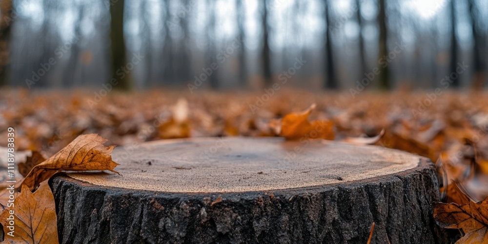 Amid a misty forest, a freshly cut tree stump lies surrounded by fallen leaves, embodying both the passage of time and nature's resilience. Amid a misty forest, a freshly cut tree stump lies surrounded by fallen leaves, embodying both the passage of time and nature's resilience.