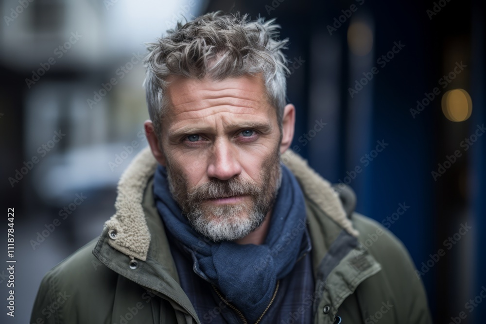 Portrait of mature man with grey hair and beard in urban background Portrait of mature man with grey hair and beard in urban background