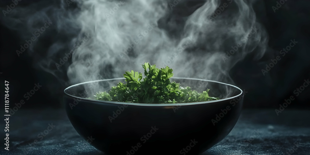 Low-angle shot of a steaming bowl of traditional soup garnished with fresh parsley . generative ai Low-angle shot of a steaming bowl of traditional soup garnished with fresh parsley . generative ai