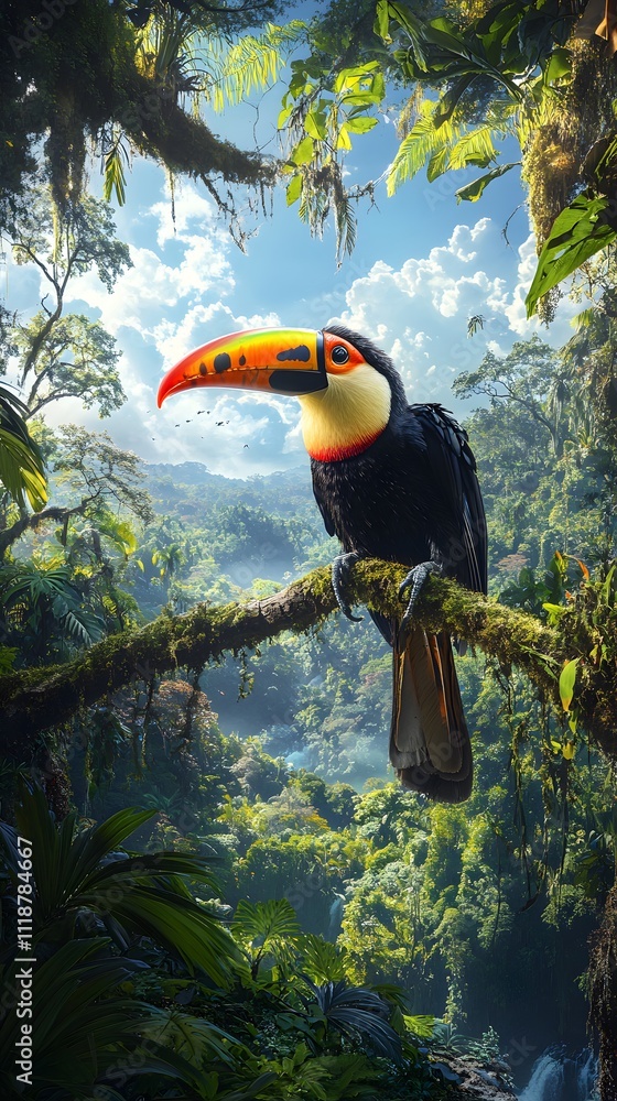 Obraz premium A colorful toucan perched on the branch of an ancient tree, surrounded by lush greenery in a cloud forest