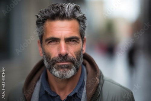 Handsome middle age man with beard and mustache in urban background