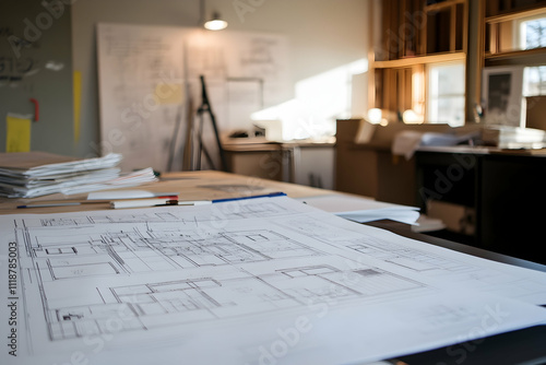 Residential blueprints spread across a worktable, showcasing renovation and construction progress . generative ai