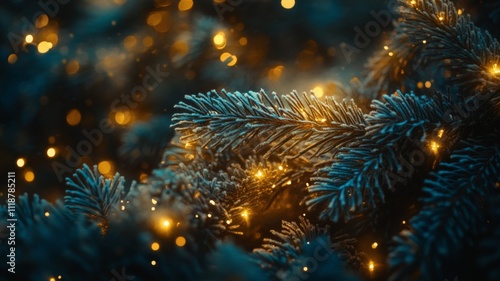 Wallpaper Mural Close-up of a Frosted Pine Branch with Golden Lights Torontodigital.ca