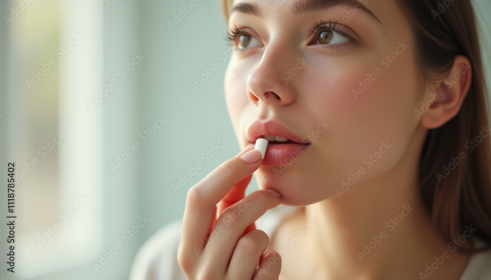A young woman gazes thoughtfully while holding a small white pill delicately between her fingers, her expression a mix of curiosity and contemplation. The soft, natural light streaming through the A young woman gazes thoughtfully while holding a small white pill delicately between her fingers, her expression a mix of curiosity and contemplation. The soft, natural light streaming through the