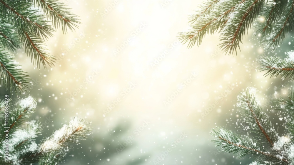 Snowy Pine Tree Branches Against a Blurred Winter Background Snowy Pine Tree Branches Against a Blurred Winter Background