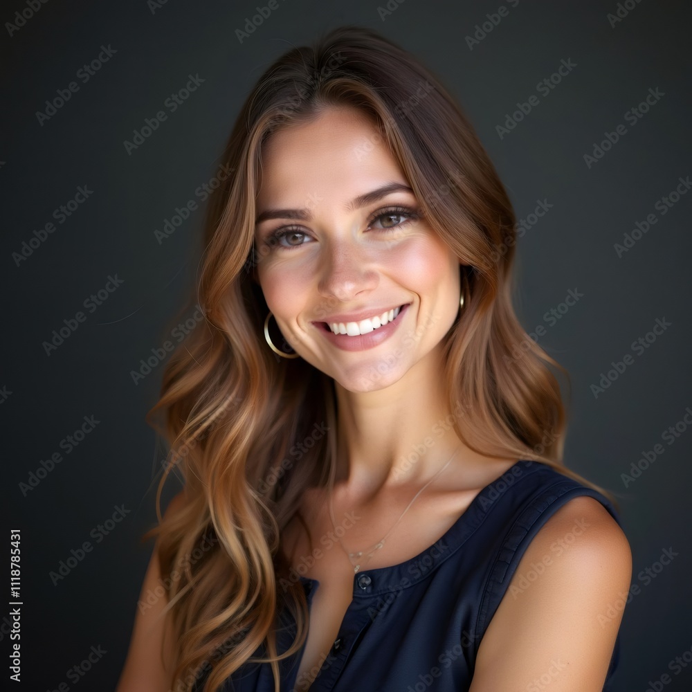 La elegancia del cabello largo y ondulado con una blusa sin mangas oscura
