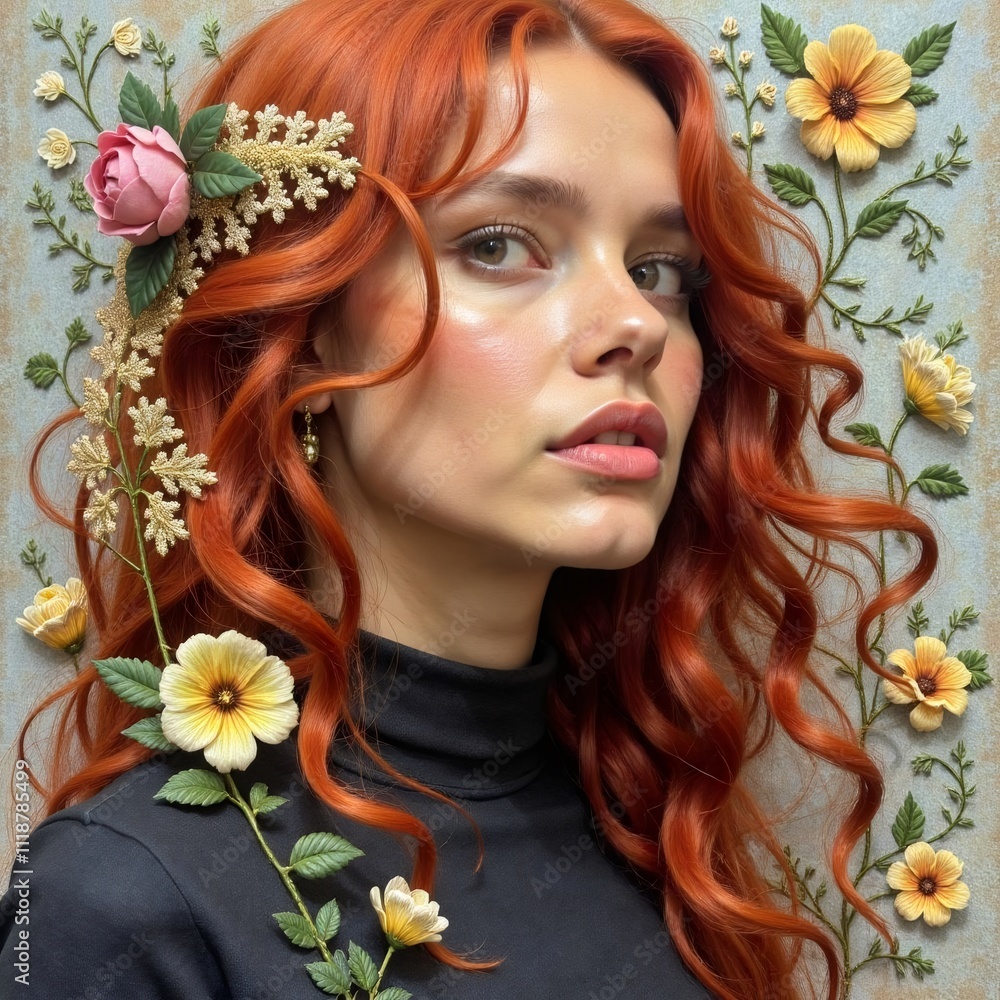 Naklejka premium Cabello pelirrojo con flores naturales y artificiales en un entorno artístico