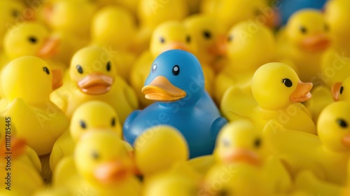 Blue rubber duck standing out among a sea of yellow rubber ducks, creating a playful and fun atmosphere. Unique toy concept for children's products. photo