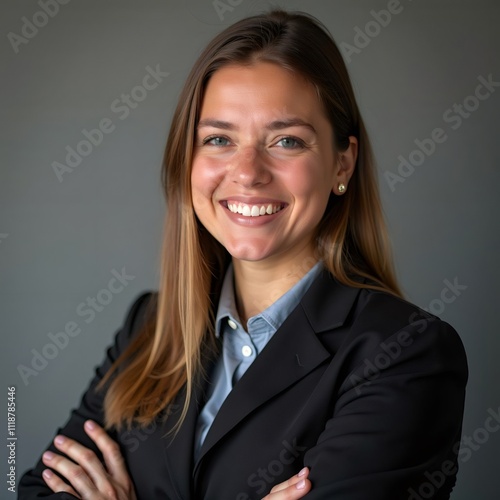 Profesional de negocios con traje formal y actitud segura en fondo gris

