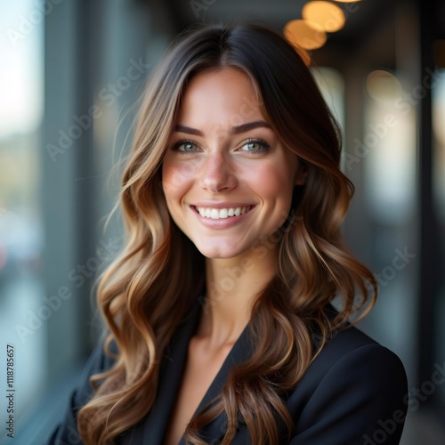 Mujer con cabello ondulado castaño claro en elegante traje negro y entorno moderno
