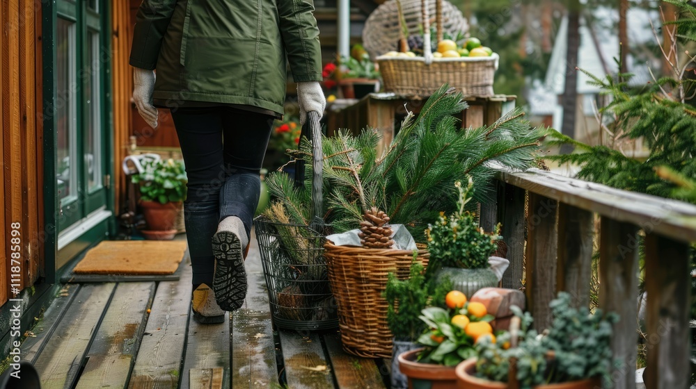 A person is carrying pine branches from the front yard of their house A person is carrying pine branches from the front yard of their house
