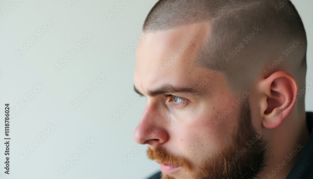 A close-up profile of a man with a sharp undercut hairstyle and a well-groomed beard captures a moment of deep contemplation. His piercing eyes reflect determination and strength, while the clean A close-up profile of a man with a sharp undercut hairstyle and a well-groomed beard captures a moment of deep contemplation. His piercing eyes reflect determination and strength, while the clean