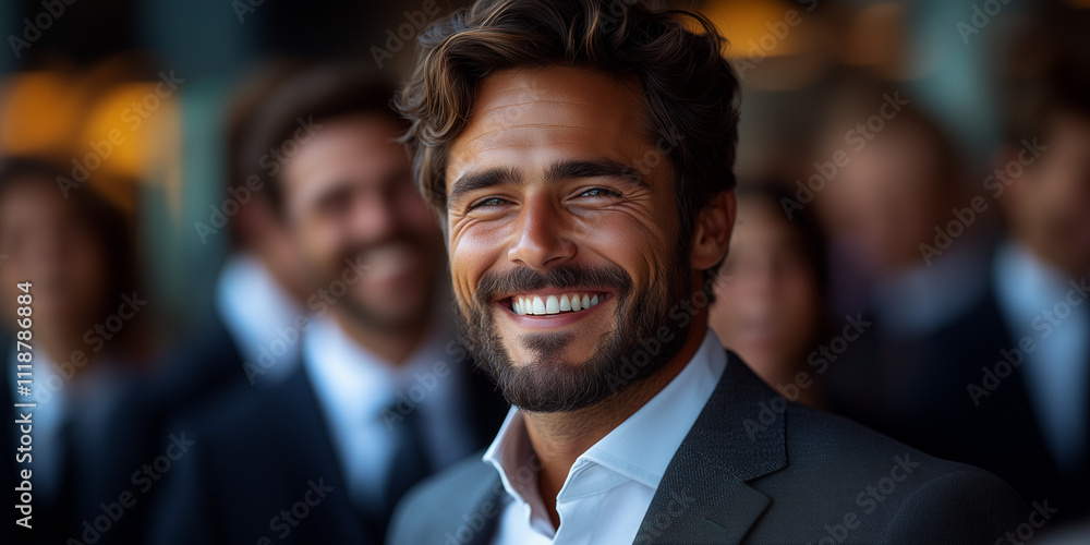 Smiling businessman in a suit with a joyful expression, surrounded by colleagues in a professional setting Smiling businessman in a suit with a joyful expression, surrounded by colleagues in a professional setting